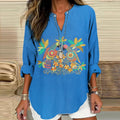 Women's Bright Blue Vintage Floral Bird Art Embroidery V-neck Shirt - whimsywagon