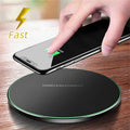 cj fast wireless charging pad for iPhone and Samsung Galaxy, showing sleek black design with charging surface and indicator light.