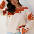 Women's Beige Sweater, Oversized Floral Knit with Wide Sleeves | Baggy Boho Top