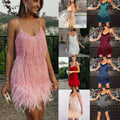 Sexy sequin feather mini dress for women with V-neck, tassel details, spaghetti straps, perfect for evening parties and clubs.