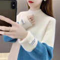 Half Turtleneck Loose Fit Color Block Knit Top For Women - whimsywagon