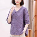 Summer Linen T-Shirt for Women - Chinese Inspired Short Sleeve Top