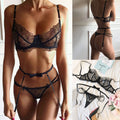 Sexy lace garter lingerie three-piece suit by CJ featuring European and American style, with intricate lace details and matching accessories.