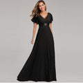 Elegant V-Neck Chiffon Dress | Flared Sleeve A-Line Maxi Gown for Parties