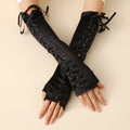 Black Lace-Up Opera Gloves | Long Satin Fingerless Gloves