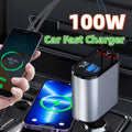 cj 100W metal car charger with USB and Type-C ports, compact design for fast charging in vehicle cigarette lighter socket