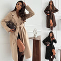 Autumn And Winter Simple Solid Color Long Sleeve Lapel Tie Wool Coat Women