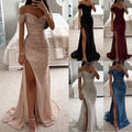 Sequin Split Party Dress Women Slim Off Neck Style - whimsywagon