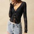 Sexy Sheer Single-breasted Peach-neck Long-sleeve Top - whimsywagon