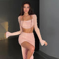 Knitted Beaded Square-Neck Long-Sleeve Top And Skirt Set - whimsywagon