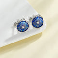 French Style Cufflinks - Round Blue Enamel with a Dripping Paint Effect