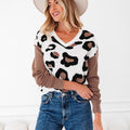Leopard Print Knit Sweater - Women's V-Neck Fashion Top