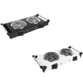 CJ 2000W dual burner electric hot plate with black finish, featuring two heating zones and control knobs for kitchen or RV use.