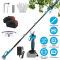 CJ electric pruning shear with 13ft reach, cordless 21V 4.0Ah battery, ideal for tree trimming and branch cutting.