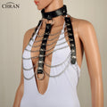 CJ Chran leather bondage harness with beach chain collar, goth choker, and shoulder necklace jewelry accessory.