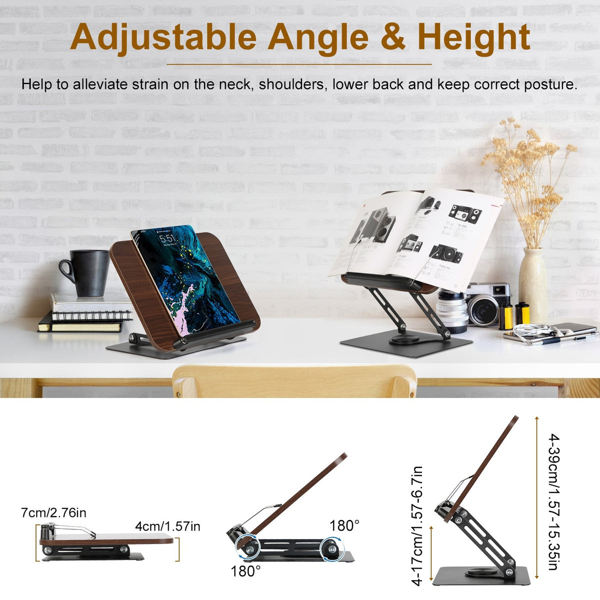 Adjustable Book Stand - Foldable Wood Holder with 360° Rotating Base ...