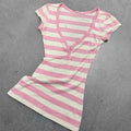 Sweet Pink And White Striped Soft-Style Womens Slim-Fit V-Neck Short-Sleeve T-Shirt Top - whimsywagon