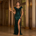 Beaded and Sequined Evening Dress | Round Neck Banquet Gown with Slit