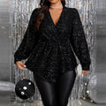 Womens Long-Sleeve Gold-Embossed Sparkly Ruffled Bodycon Party And Prom Top - whimsywagon