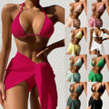 3-Piece Halterneck Swimsuit Set – Sexy Backless Bikini with Mesh Skirt | Women’s Solid Color Beach Swimwear for Summer
