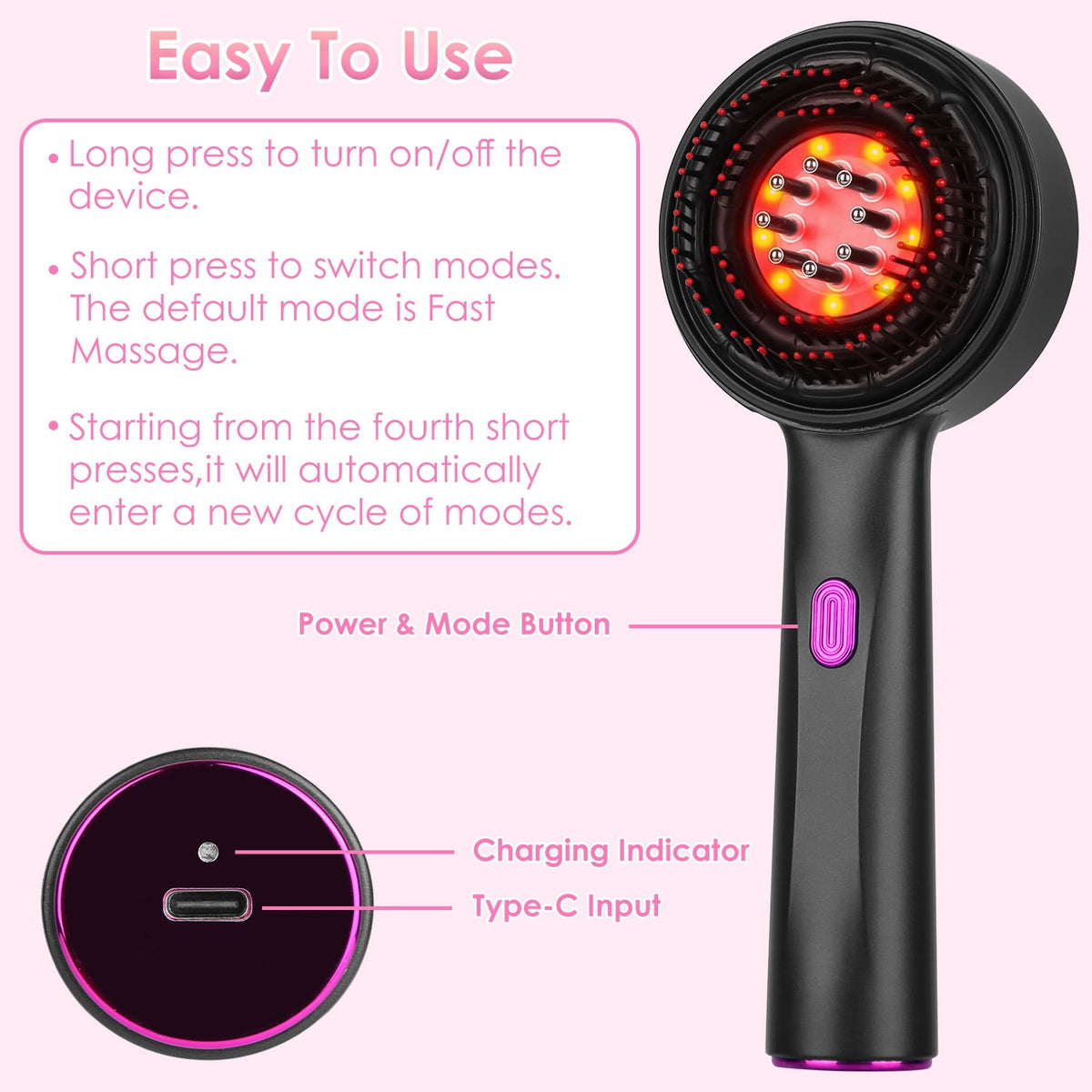 3-in-1 Red Light Therapy Scalp Massager - Cordless Hair Oil Applicator ...