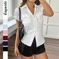 Classic Button-Up Shirt for Women - Short Sleeve & Solid Color