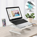 Adjustable aluminum laptop stand with foldable design, supporting laptops and monitors for ergonomic workspace setup.
