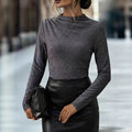 Stylish Silver-Gray Shiny Silk Slim-Fit Long-Sleeve Top For Women
