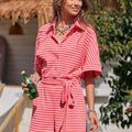 Short Sleeve Romper for Women - Casual Striped Jumpsuit with Buckles