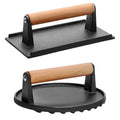 Cast iron grill press set by cj featuring rectangular and round weights with wood handles for even burger grilling.