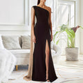 Black One-Shoulder Dress with Cape Sleeve & High Slit