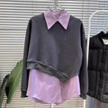 Spring New Solid-Color Lapel Shirt Asymmetrical Cropped Sweatshirt Two-Piece Set - whimsywagon
