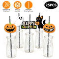 Halloween Party Straws by cj, 25 disposable paper straws featuring spooky ghost and black cat prints with black and orange stripes.