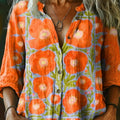 Orange Women's Floral Pattern Art Print Casual Cotton Linen Shirt - whimsywagon