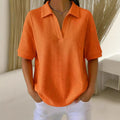 V Neck Waffle Knit Solid Color Loose Fitting Pullover Top - whimsywagon