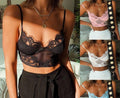 Black mesh lace sling bra by CJ featuring intricate lace details and a revealing, sensual design.