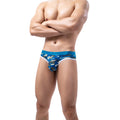 Camouflage hip-exposed double G-string T-shaped lingerie by CJ, showing the camouflage pattern and minimal design on a model.