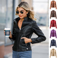 Women’s zip-up leather jacket by CJ with stand collar, solid color, and front pockets, shown in a stylish close-up.