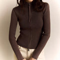 Slim Fit Ribbed Top - Stand Collar with Front Zipper Detail