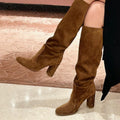 Women’s Suede Pleated High Heel Boots – Thick Heel Pointed Toe Ankle Boots for Autumn & Winter