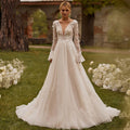 Sexy Deep V Illusion Wedding Gown | Embroidered Long Sleeve Ball Gown Dress
