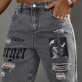Vintage Cowboy Shorts - Letter Print & Distressed Denim Look