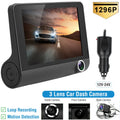 1296P Dash Cam, 3 Channel Driving Recorder with 4-Inch Display | Seamless Loop Recording for Car, Truck, Vehicle Security