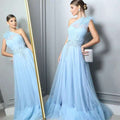 Blue One-Shoulder Wedding Dress with Feather Details