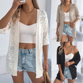 Casual Solid-Color Hollowed-Out Knitted Cardigan With Three-Quarter Sleeves For Vacation - whimsywagon