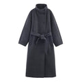 Women's CJ stand collar belt overcoat in a stylish design, featuring a tailored fit and elegant silhouette.