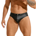 Black leather thong with star and button details on a white background