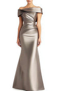 Mother of the Bride Dress - Off-the-Shoulder Pleated Maxi Gown for Formal Evenings