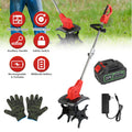 Cordless CJ 4000mAh electric tiller with 21V motor, 9-inch wide and deep cultivator for lawn and garden beds.
