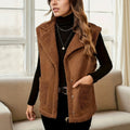Cj designer suede vest with corduroy collar and raw edge stitching, showcasing a stylish layered look and textured details.